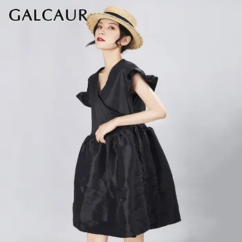 

GALCAUR Vintage Solid Dress For Women V Neck Ruffle Sleeve High Waist Mini Dresses Female Summer Fashion Clothes New 2020