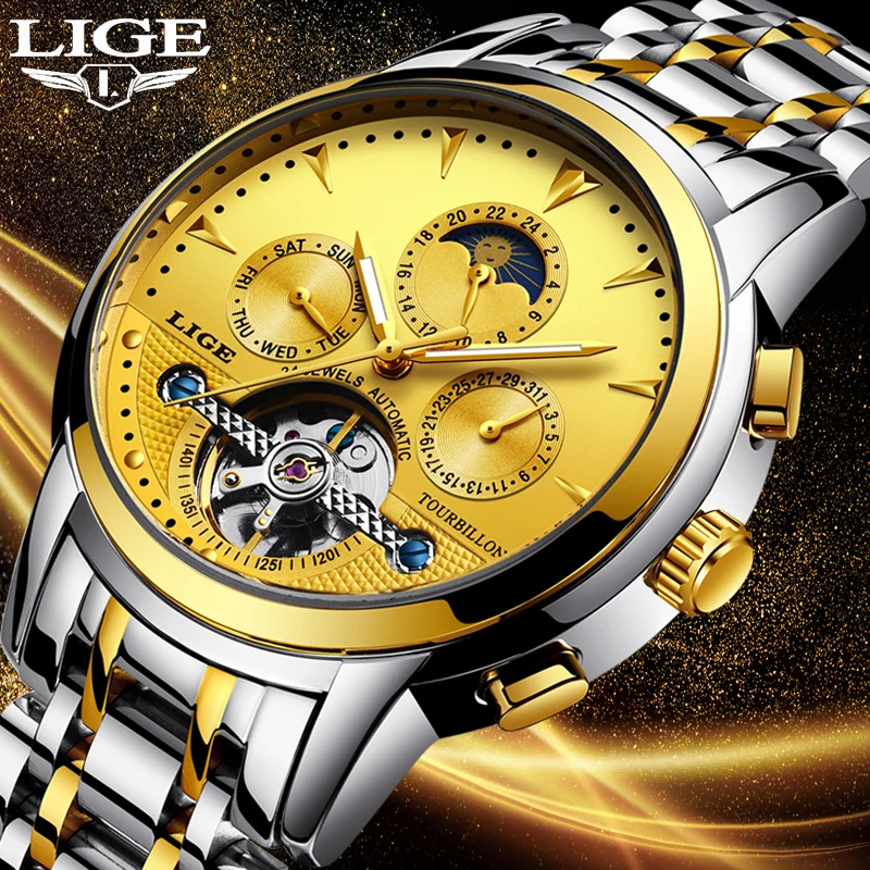 

LIGE Gold Watch Men Skeleton Tourbillon Mechanical Automatic Classic All steel Mechanical Wrist Watchs Reloj Hombre 2019 Relogio