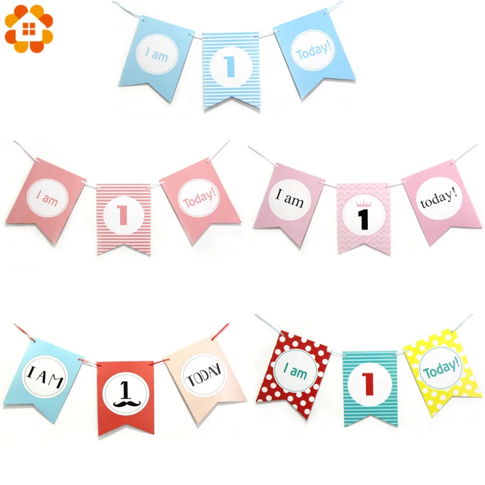 1 Набор "I am 1 today" розовый/синий бумажный баннер гирлянда для маленьких мальчиков и девочек для первого дня рождения ребенка украшения