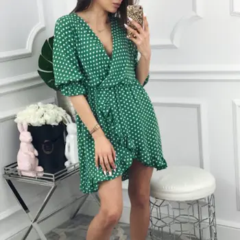 

Women Dress Summer Sexy Polka Dot Sundress High Waisted Short Sleeve Deep V Neck Hot Wrap Dress