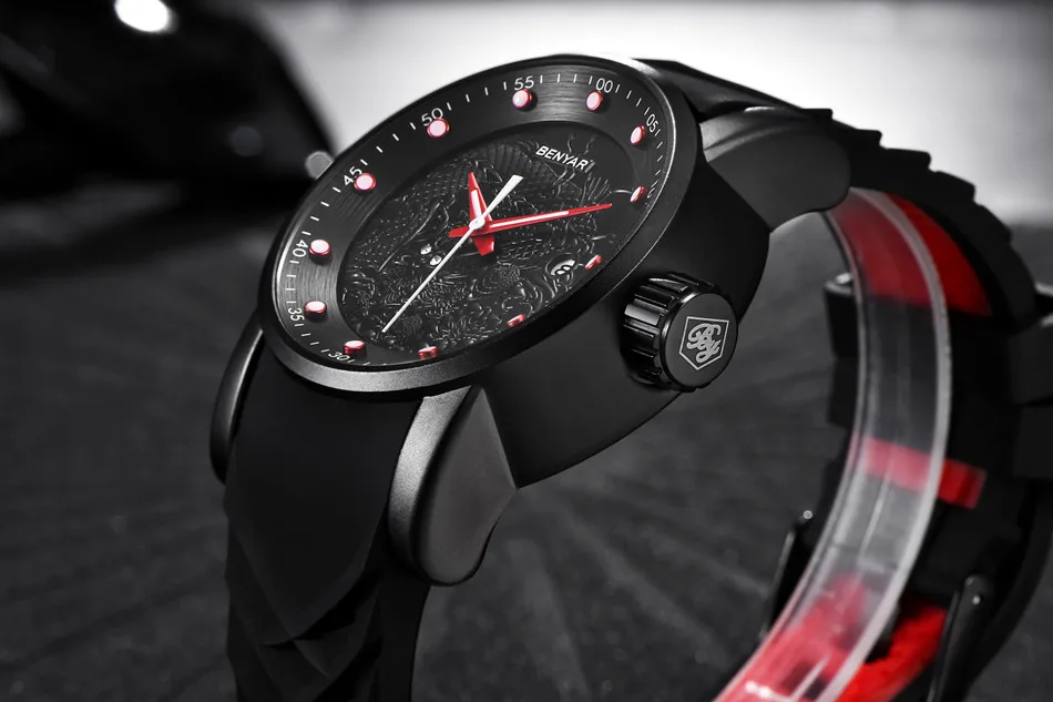 BENYAR уникальный дизайн роскошь Топ бренд часы мужские модные китайский дракон дизайнер календарь кварцевые часы из силиконовой резины 2019