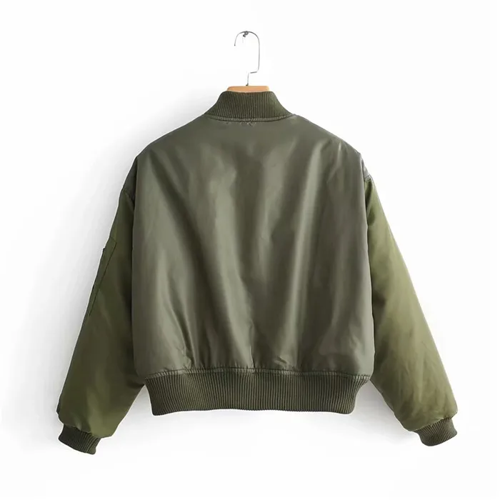 Women Casual Army Green Autumn-Winter Za Bomber jacket Fashion Green Oversize Short CoatOutwear Warm Jacket casaco feminino