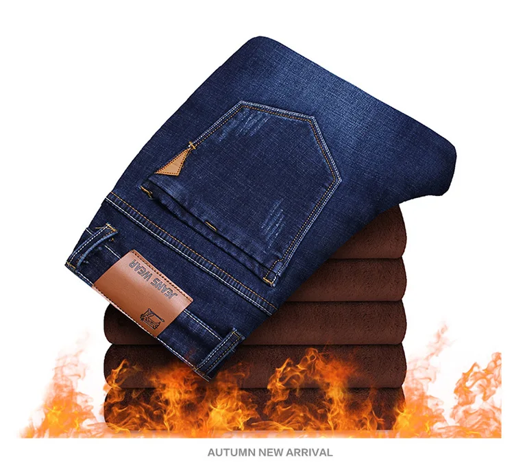 Зимние Новые мужские джинсы утепленные флисовые теплые джинсы стрейч прямые эластичные брюки черные Синие Большие размеры 42