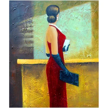 

Handed modern handmade painting young woman with long red dress on oil canvas for living room decor and wallpaper