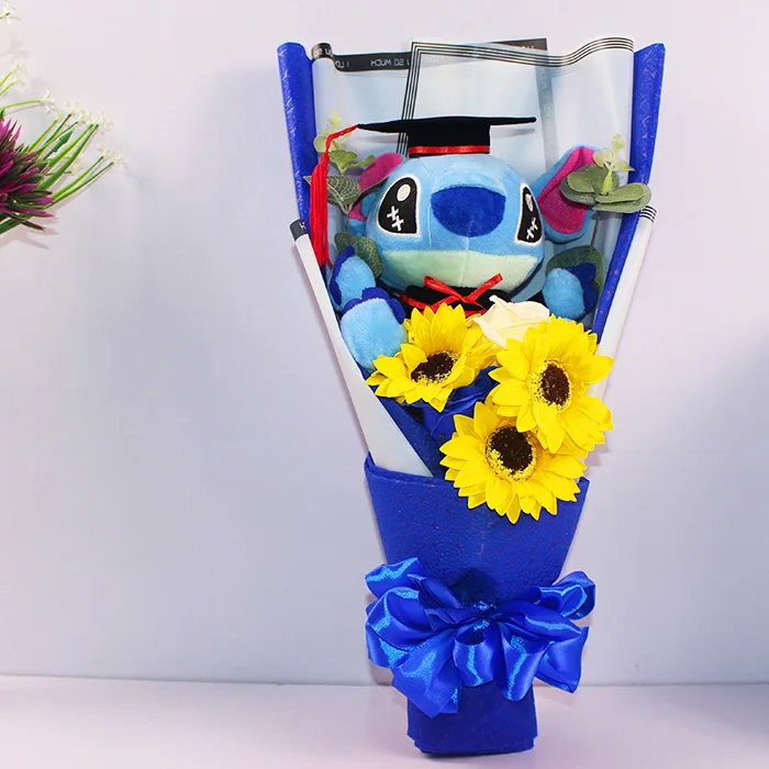 Ститч Doraemon Плюшевые игрушки с Doctorial шляпы мультфильм цветок букет чучело куклы для выпускного подарки - Цвет: Синий