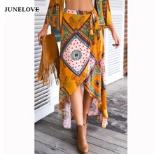 JuneLove летние женские богемные асимметричные юбки с геометрическим принтом с высокой талией хлопковые длиной до лодыжки повседневные элегантные юбки