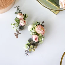 Ручной работы зелени расческа для волос для невесты головной убор розовый цветок и лист для свадебной церемонии