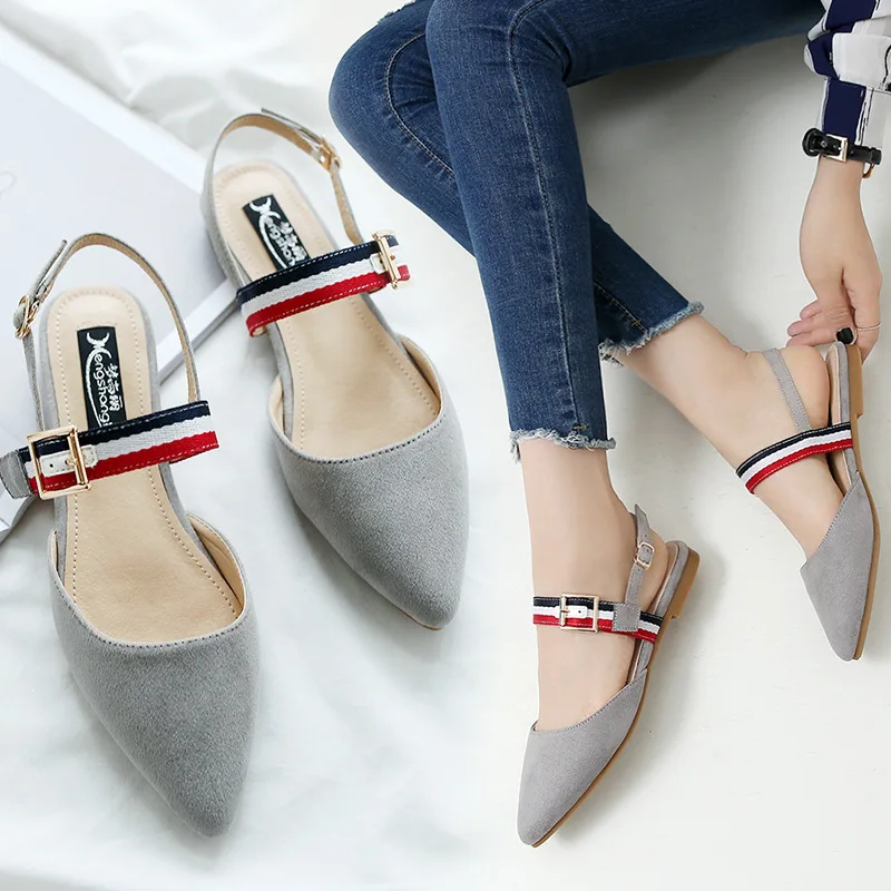 

Woman Shoes large size sandalias mujer back strap striped buckle pointy closed toe ol flat sandals suede multicolor hollow mules