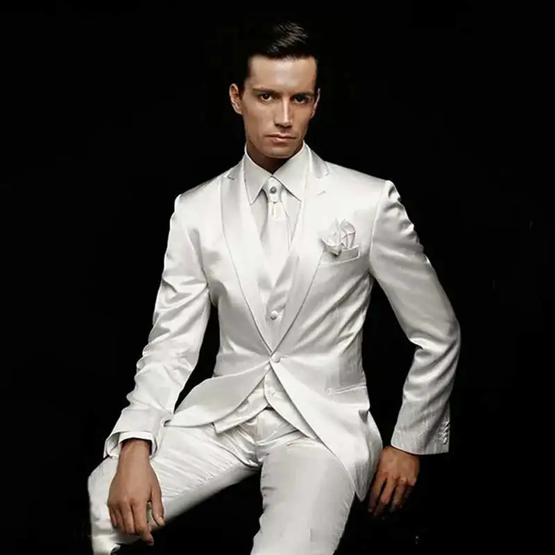 

White Satin Men Suits for Wedding Suits Pants Custom Made Groom Wedding Tuxedo Vintage Groomsmen Blazers 3Pieces Terno Masculino