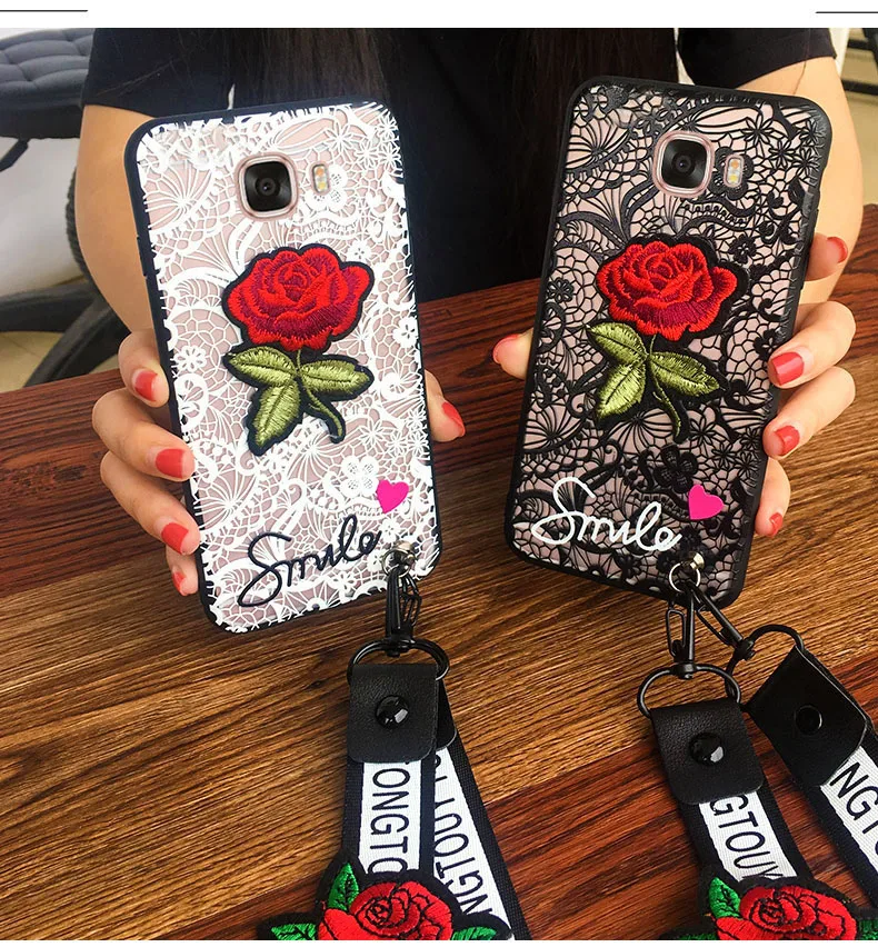 

Lace Rose Flower Floral Case for Samsung Galaxy Note 8 S8 S9 Plus S6 S7 Edge C5 C7 C9 A8 Hand Strap Long Lanyard String Cover