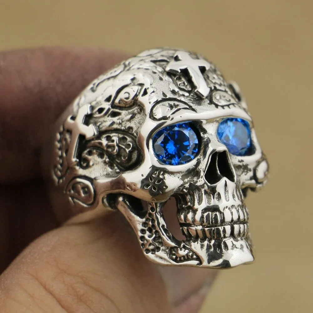 

925 Sterling Silver High Detail Skull Cross Blue CZ Eyes Mens Biker Ring TA56A