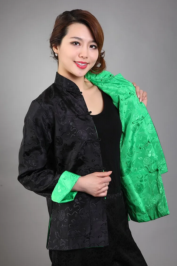 Винтажный двусторонний китайский женский Шелковый атласный пиджак однобортное пальто Тай Чи одежда для кунг-фу Размер S M L XL XXL XXXL M-78 - Цвет: Black Green