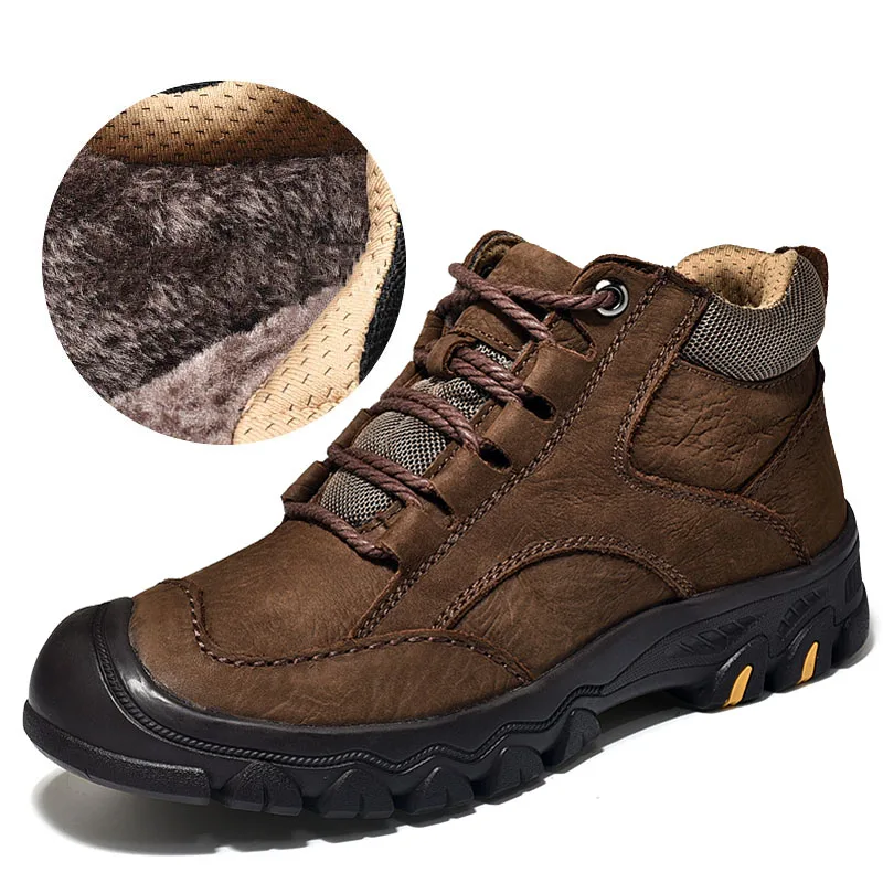 Зимние мужские ботинки на меху; Мужская обувь из натуральной кожи; теплая зимняя обувь; мужские зимние ботинки; водоотталкивающие туфли; большие размеры 46 - Цвет: Brown with fur