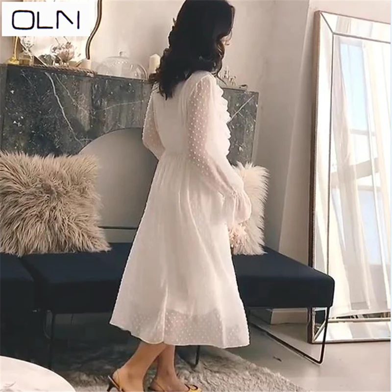 Женское шифоновое платье в горошек с оборками OLN брюки клеш эластичным поясом