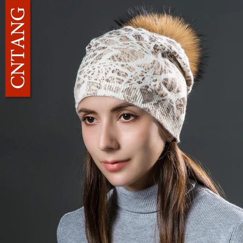 CNTANG женские зимние теплые шапки модные бронзовые шляпы с леопардовым рисунком с натуральным помпоном меховые шапки женские вязаные шерстяные шапки енотовые шапочки - Цвет: White