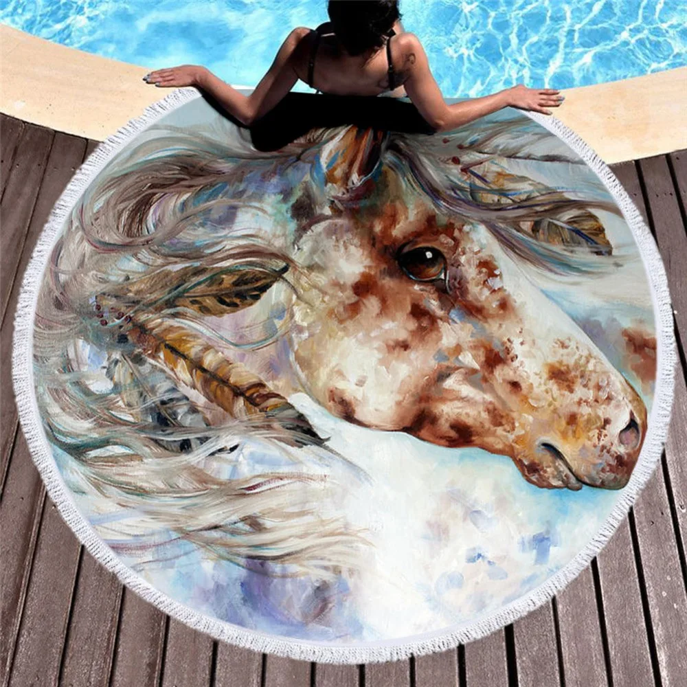 

Art Horse Colorful Painting Women Bath Towel for Beach Thick Round 3d print Fabric Quick Compressed Towel new style-9