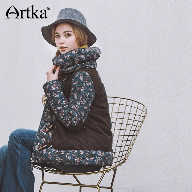 Artka Winter Parka Female Down Jacket Autumn Women's Outwear Patchwork Woolen Coat Women Stand Collar Print Overcoat DK10565D