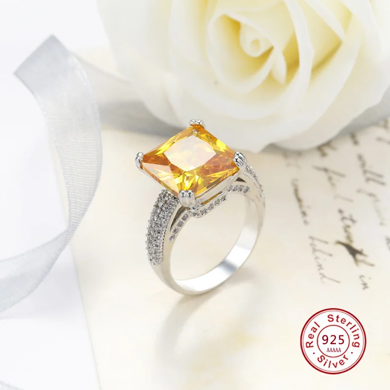 Luxury Princess Cut AAAAA Yellow big CZ solid 925 Sterling silver Ring with Micro Paved Clear Zircon Women Engagement Rings