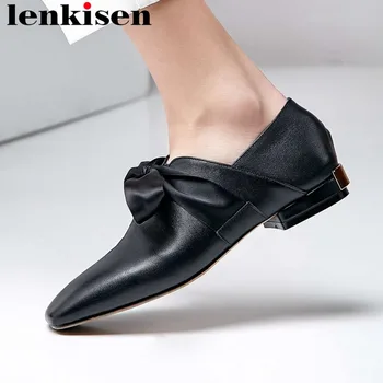 

2019 princess concise style riband butterfly-knot slip on hand-sewn leather dating driving shoes square toe low heels pumps L0f1
