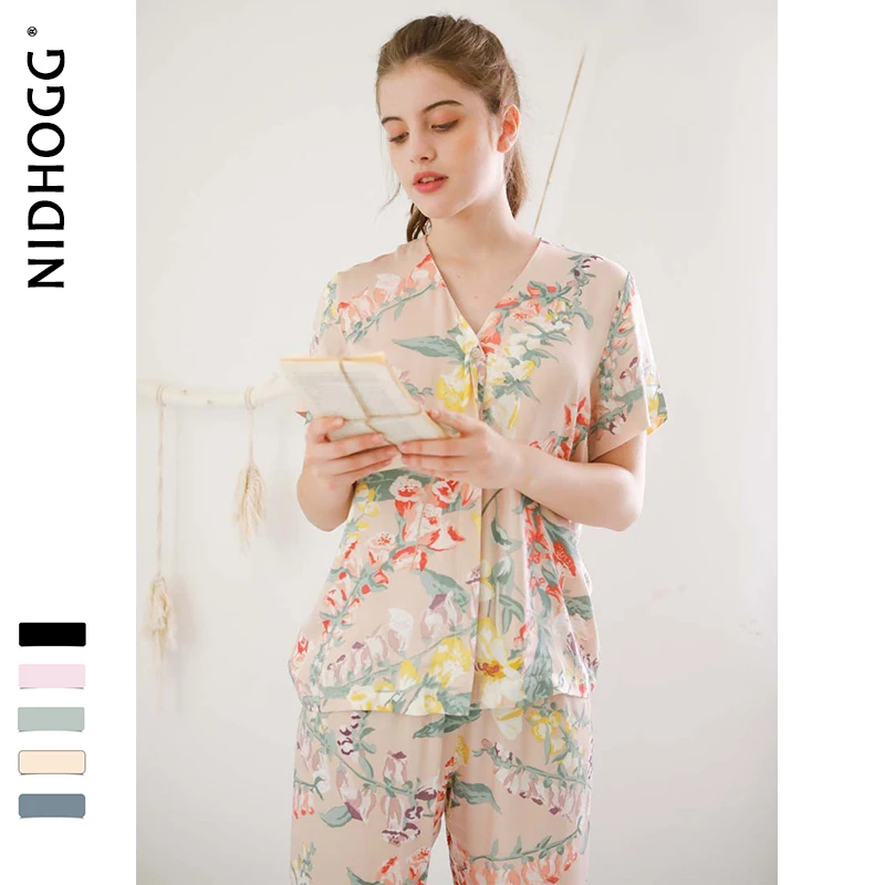 

Summer New Elegant Flower Printing Satin Pajamas for Women Short Sleeve Trousers Sleepwear V-Neck Sexy Casual Clothes 2 Suits