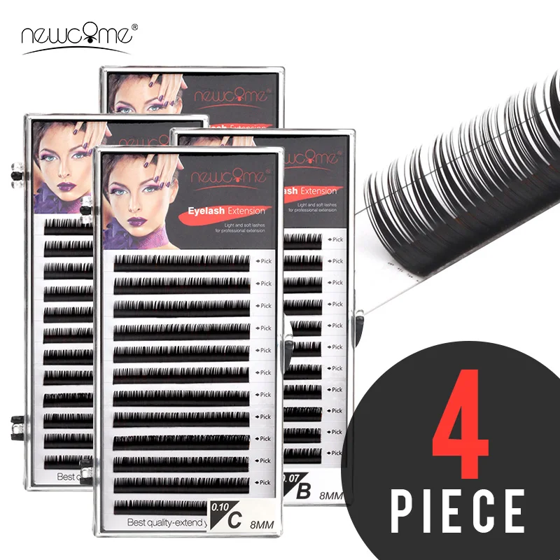 

NEWCOME 4 Tray/lot High Quality Eyelash Extension Korea Silk Volume Lashes 100%Hand Made Eyelashes Natural Black Long Eye Lashes