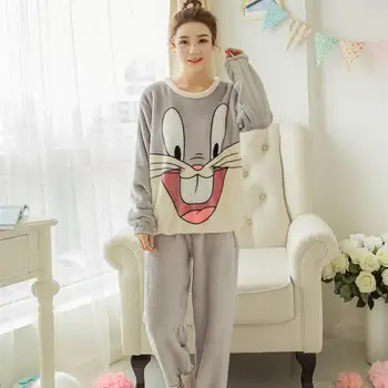 

Women Sweet 2Pcs Flannel Shirt&Pants Suit Winter Thicken Warm Pajamas Set Girl Sweet Sleepwear Negligee Casual Home Clothes