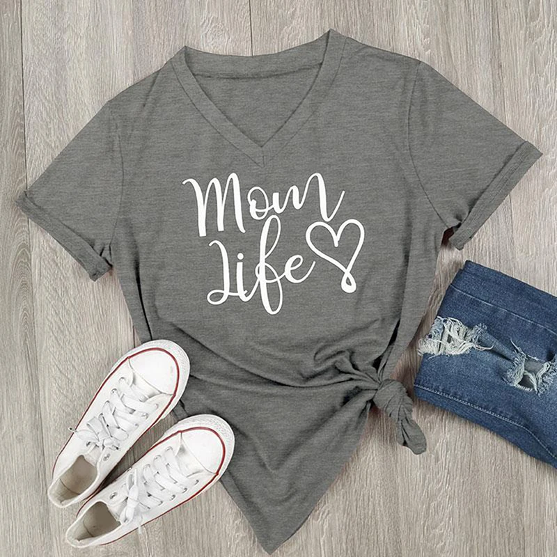 

Bigsweety Summer Casual Tshirt Mom Life Letter Printed V-Neck Short Sleeve Tops Tees Female Loose Tees T-Shirt For Women Gray