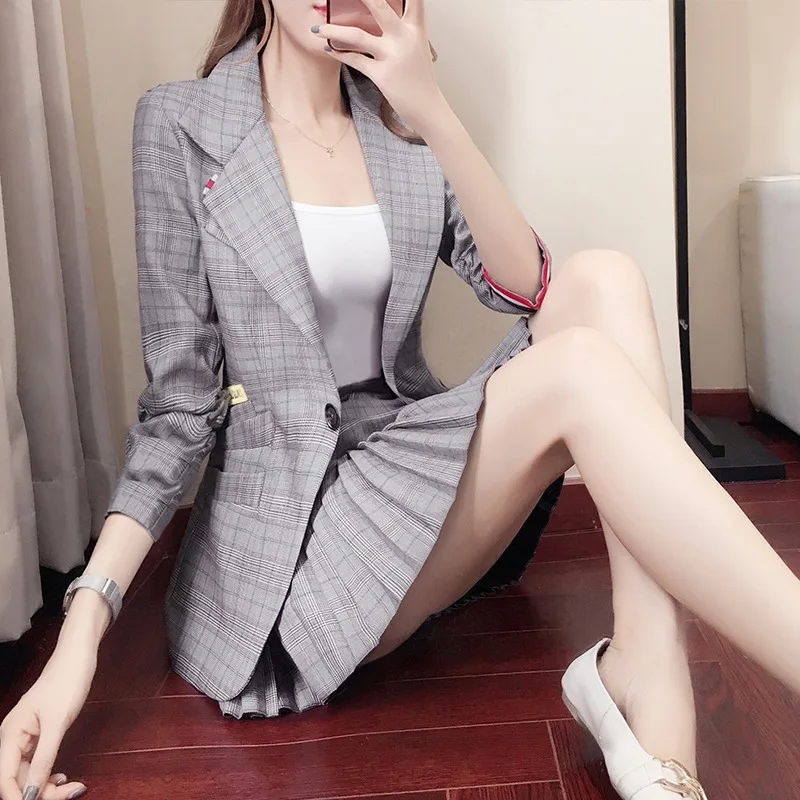 Small suit set skirt suit women's style Korean fashion ladies temperament spring and autumn suit + pleated skirt two-piece set Small suit set skirt suit women's style Korean fashion ladies temperament spring and autumn suit + pleated skirt two-piece set