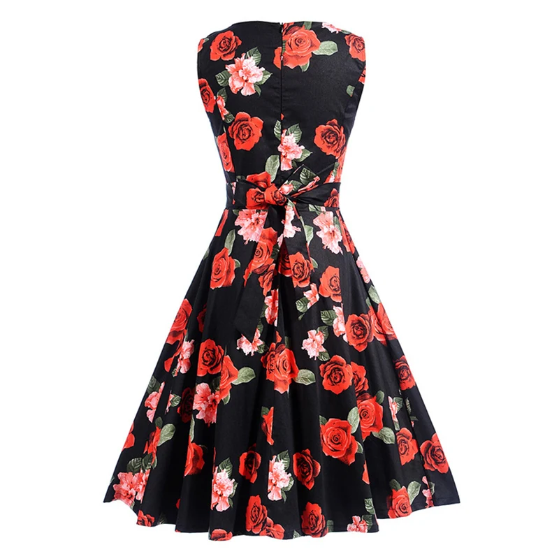 Kostlish Print Summer Dress Women 2017 Sleeveless Big Swing Belt Tunic Vintage Dress Elegant Rockabilly Party Dresses Sundress (6)