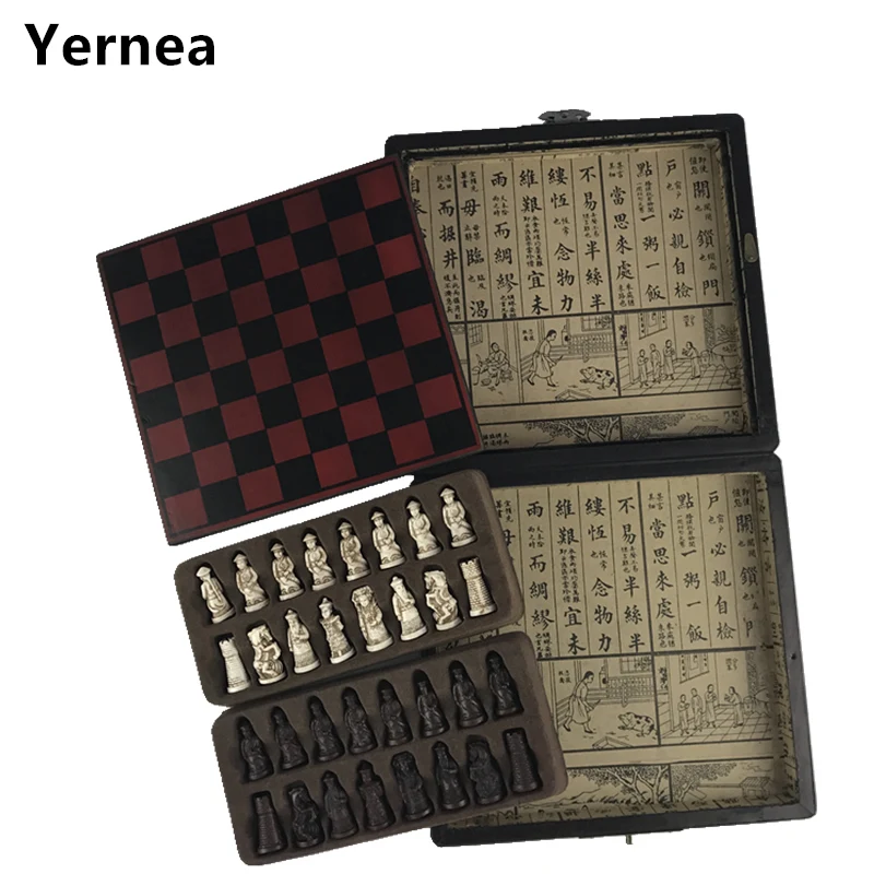 Yernea New Chess Set Chess Wooden Coffee Table Antique Miniature Chess Board Pieces Move Box Set Retro Style lifelike Game