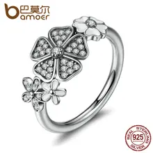 BAMOER 925 Shimmering Ramo, Esmalte blanco y Claro CZ Anillos de Dedo de La Flor para Las Mujeres del Regalo de Boda PA7176