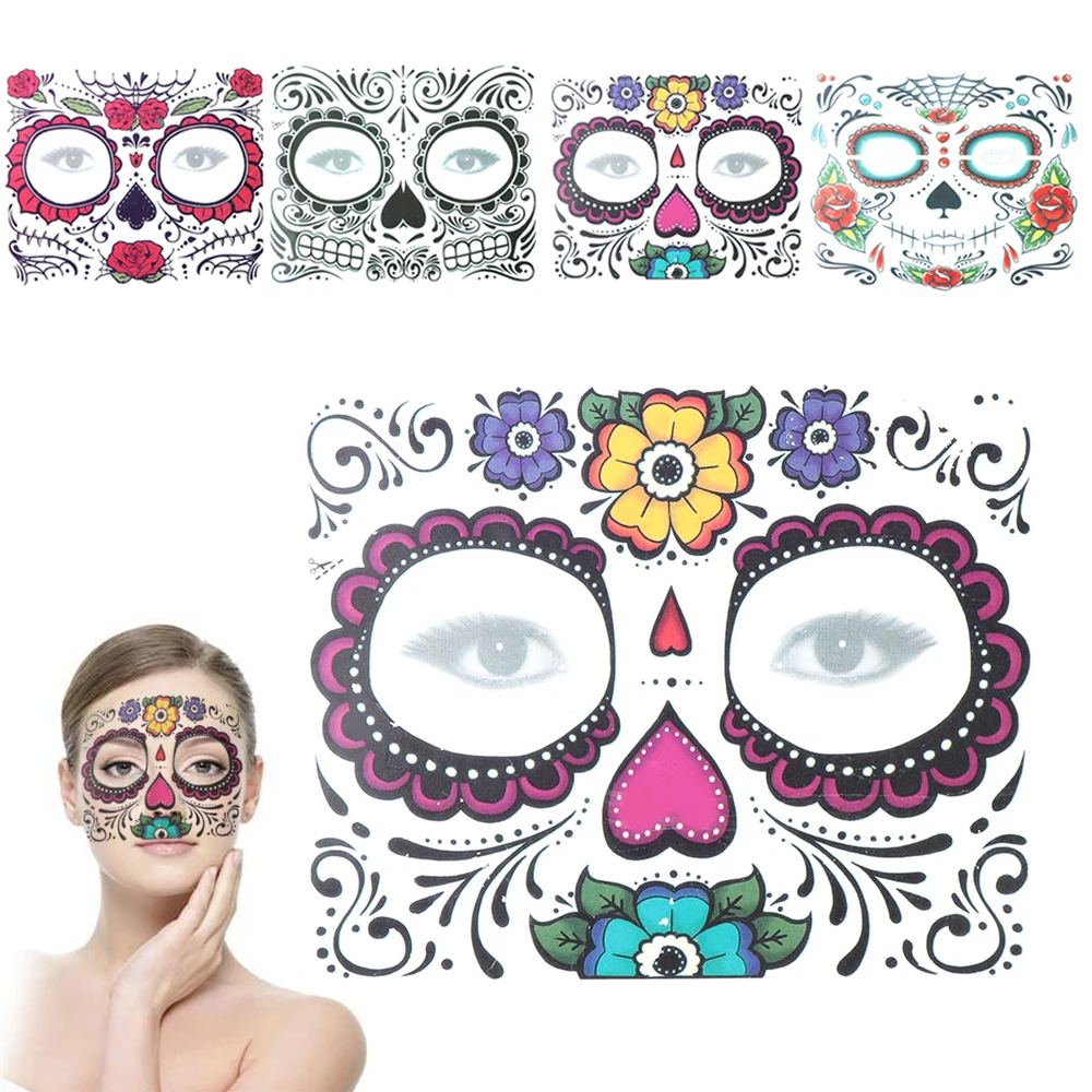 1PC Day of The Dead Skull Face Dress Up Special Waterproof Half Face Temporary Tattoo Stickers Pop Halloween Facial Makeup Tools