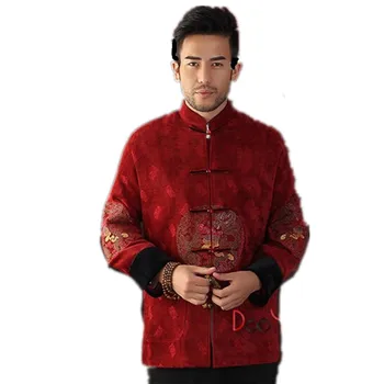 

High Quality Red Chinese Tradition Middle-aged Men's Jacket Long sleeve Embroider Dragon Coat Tang Suit S M L XL XXL XXXL