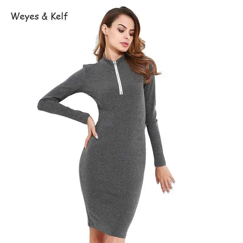 Weyes Kelf Spring Gray Zipper Short Dress For Women 2018 Slim Package Hip Knitted Dress Female