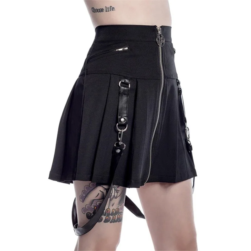 Черный Харадзюку готический панк женские юбки с ремнем Высокая талия молния Ретро Винтаж модные плиссированные мини юбка для гот обувь