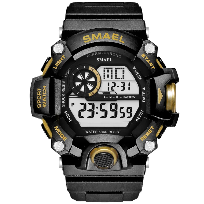 Мужские часы 50 м водостойкие SMAEL Top S Shock Watch светодиодный спортивные часы камуфляжные часы Band 1385C цифровые наручные часы Военные - Цвет: Gold