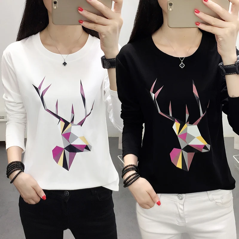 

YUANYU Spring Autumn Women T Shirt Cartoon Print Casual Loose Long Sleeve Korean version T Shirt Tee Top Plus Size 5XL