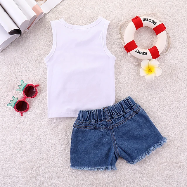 Fashion New Toddler Kids Baby Girl Sleeveless Watermelon Vest Tops+Ripped Denim Shorts Jeans 2PCS Outfits Summer Clothes Set 6