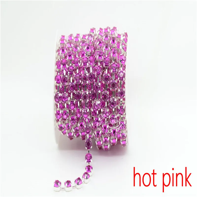 

6/8mm Top Quality Sparkle Crystal Hot Pink Rhinestone Handmade Silver Round CUP Chain Jewelry Making ss28-ss38 10yards