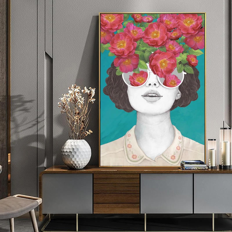 Гламурная модель Цветочная девушка минималистичный холст картины настенные картины на холсте поп постер и принт для гостиной домашний декор