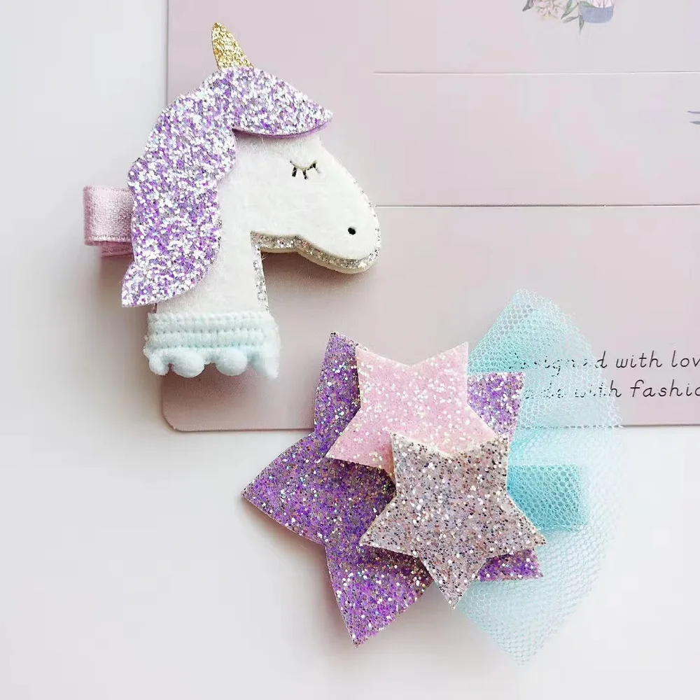 1285 12 De Réductionboutique Ins 10 Pièces Mode Mignon Feutre Licorne épingles à Cheveux Solide Paillettes Dessin Animé Animal étoile Cheveux