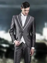 Latest Coat Pant Designs Grey Satin Trim Men Suit Slim Fit Suits Italian Tuxedo Custom 3 Piece Groom Prom Blazer Terno Masculino