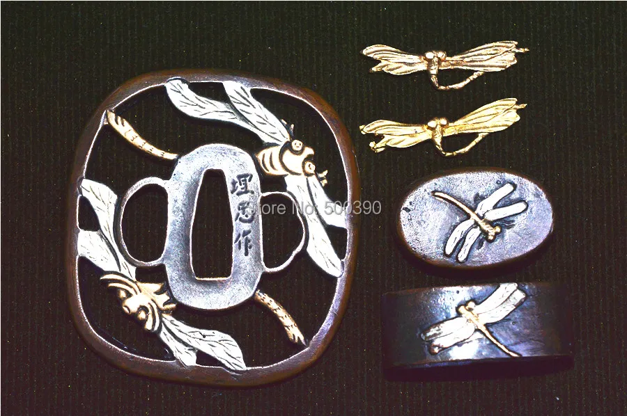 

COPPER TSUBA MENUKI FUCHI KASHIRA W DRAGONFLY FITTING FOR JAPANESE SWORD KATANA ACCESSORIES