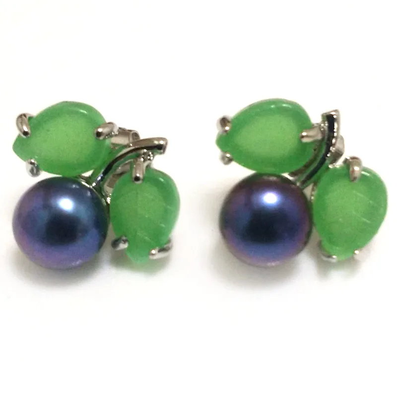 8-9mm AAA White Natural Green Jade Leaf Button Pearl Earring 3