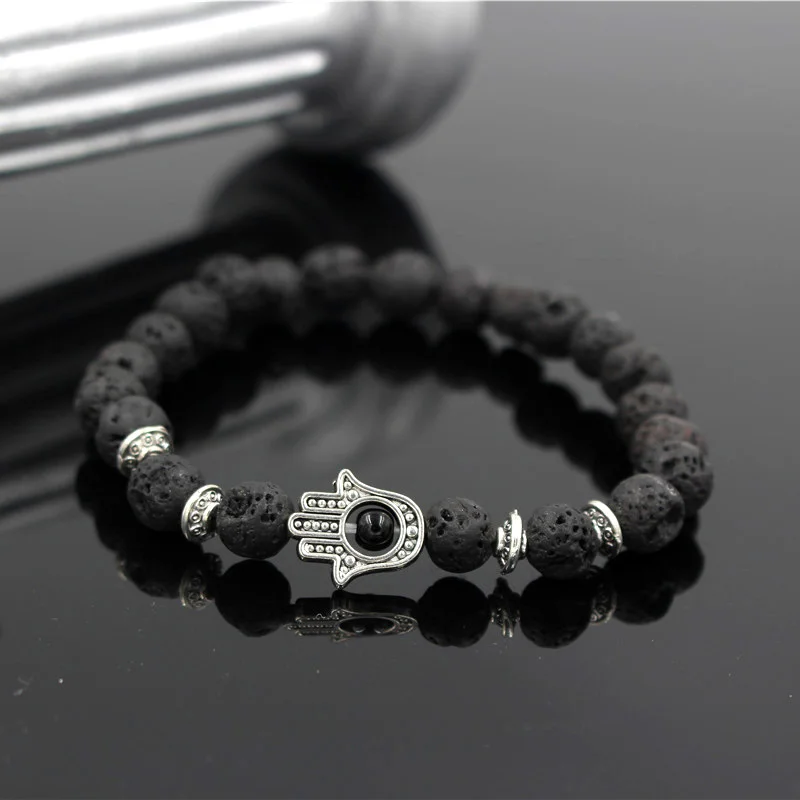 Yoga Bracelet Fatima Hands Hamsa Charm Lava Howlite Stone Bead Elastic For Men Women bracelet jewelry
