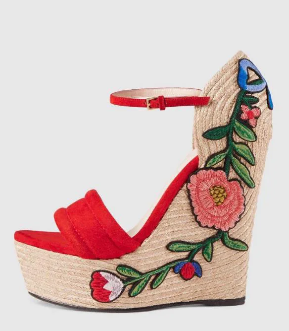 

Moraima Snc Flower Embroidery Platform Wedge Sandals Sexy Open Toe Ankle Strap Woman Heels Rope Braided Party Dress Shoes Red
