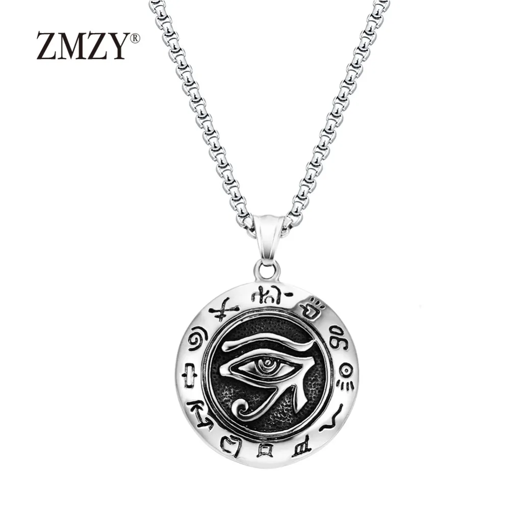 

ZMZY Big Long Vintage Horus Egyptian Sun Eye God Symbol Pendants Necklaces 316L Stainless Steel Mens Biker Jewelry Chain