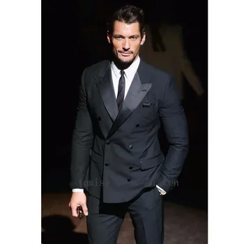 

Fashion classic men's suit black lapel double-breasted men's business suit and groomsmen dress (jacket + pants) custom made