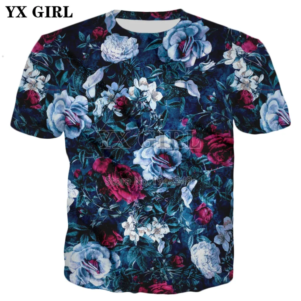 

YX GIRL Drop shipping 2018 summer New Fashion Mens t-shirt flowers Night Garden Blue Print 3D Men Women Casul Cool t shirt