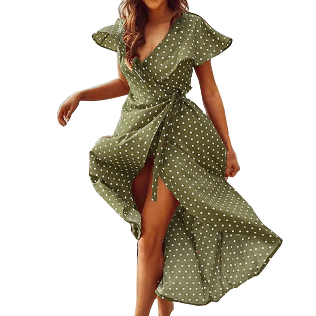 Зеленый Salidas de playa para mujer для женщин V образным вырезом Boho длиной макси Вечеринка пляжное платье в горошек сарафан plaj платье «elbiseleri» plage - Цвет: Зеленый